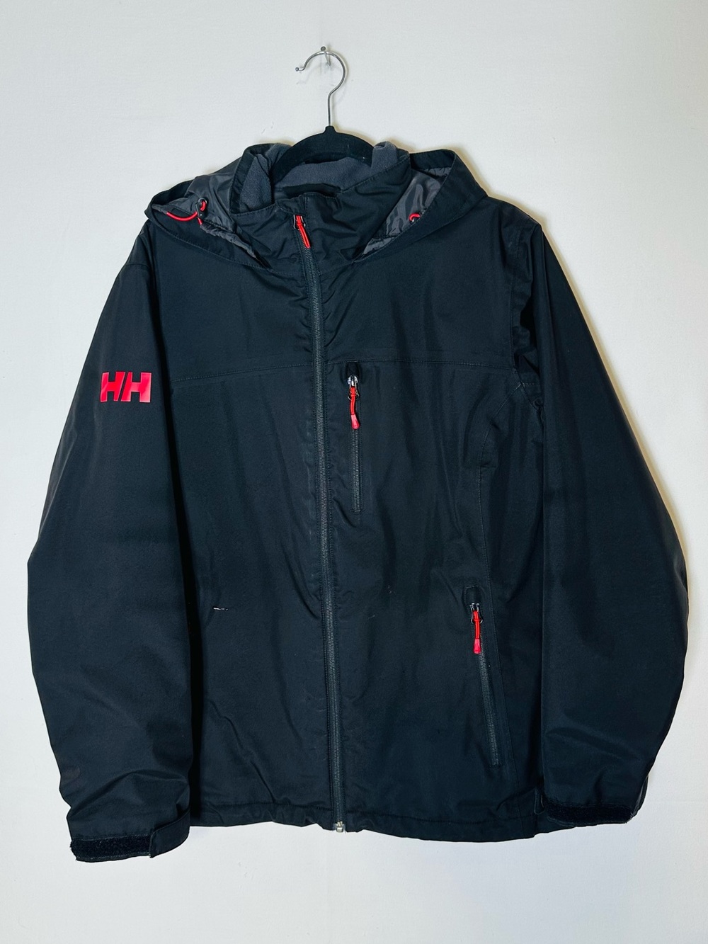 Helly Hansen Full Zip Hooded Rain Jacket XL Black Red Trim Windbreaker Outerwear